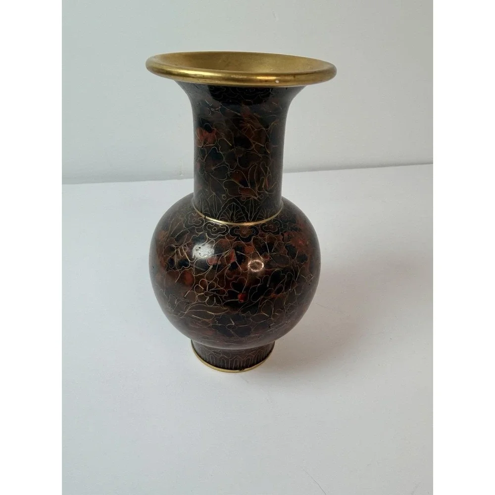 Cloisonne Chinese Floral Design Decor Enamel Brass Vase 6.5